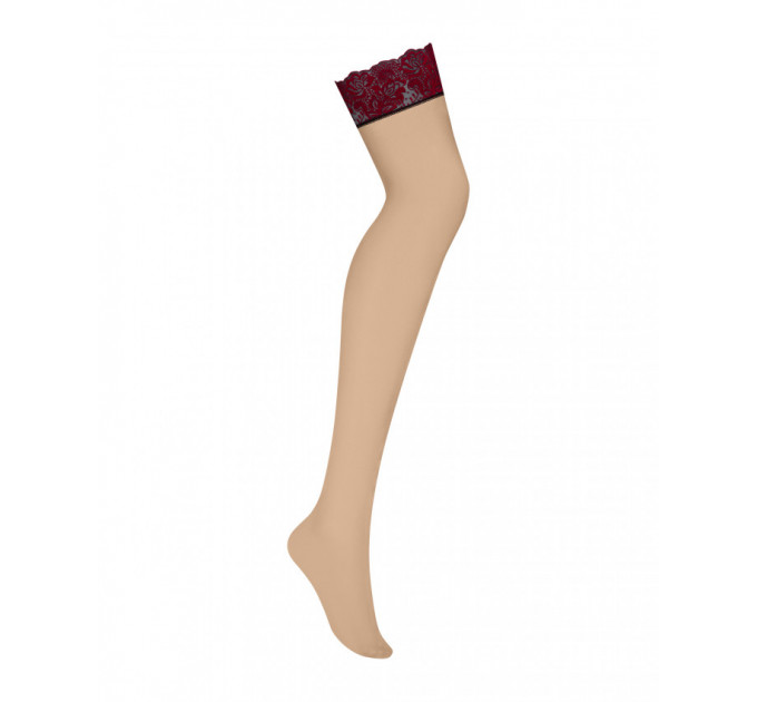 Чулки под пояс с бархатной коронкой Obsessive Sugestina L/XL Natural/red