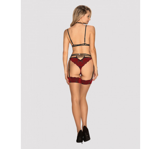 Чулки под пояс с бархатной коронкой Obsessive Sugestina L/XL Natural/red