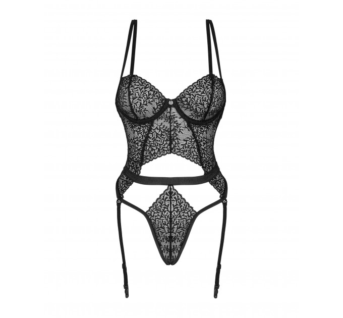 Боди кружевное Obsessive Yaskana с подвязками для чулок, черный, M/L