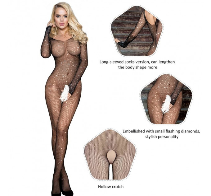 Комбинезон сетка со стразами Star Night и открытым доступом черный, L/2XL