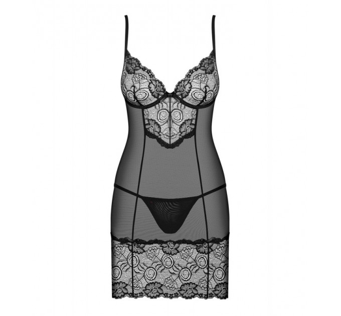 Комплект кружевной Obsessive Alluria пеньюар и трусики, черный, L/XL