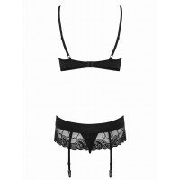 Комплект мереживний Obsessive Wonderia з декоративними стрепами, чорний, S/M