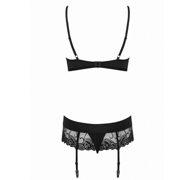 Комплект кружевной Obsessive Wonderia с декоративными стрепами, черный, S/M