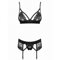 Комплект мереживний Obsessive Wonderia з декоративними стрепами, чорний, S/M