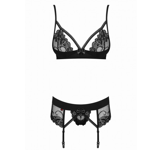 Комплект кружевной Obsessive Wonderia с декоративными стрепами, черный, S/M