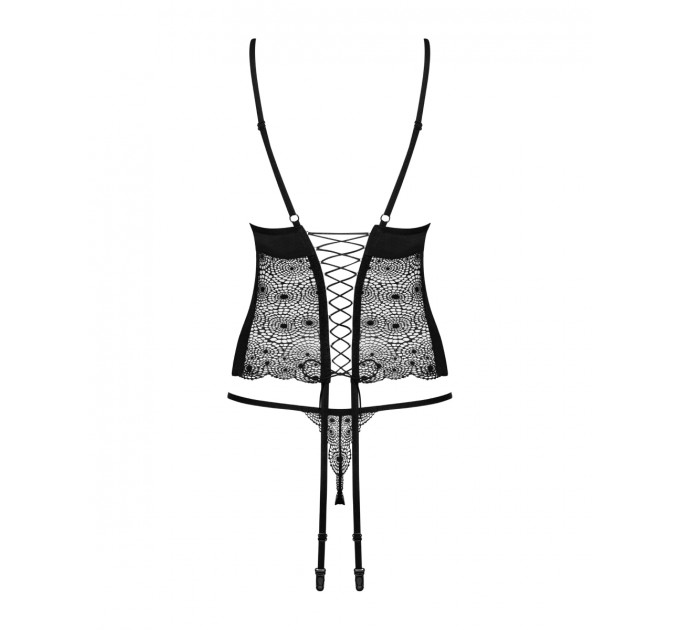 Комплект Obsessive Sharlotte корсет с пажами для чулков и трусики стринги, черный, S/M
