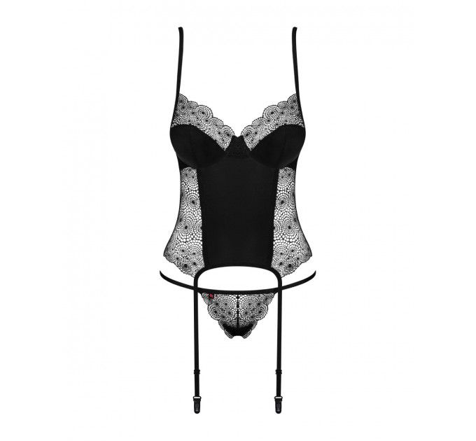 Комплект Obsessive Sharlotte корсет с пажами для чулков и трусики стринги, черный, S/M