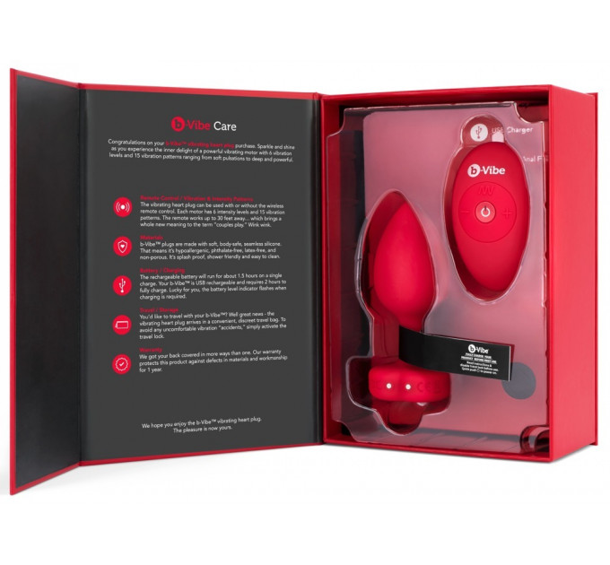Анальна пробка з вібрацією і пультом управління B-Vibe Vibrating Heart Plug M/L Red