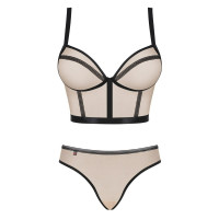 Комплект Obsessive Nudelia бюстьє з трусиками, бежевий з чорним, S/M