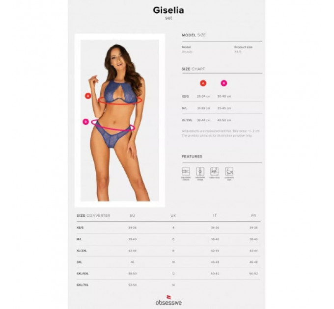 Комплект сексального белья XS/S Giselia Obsessive с кружевом синий