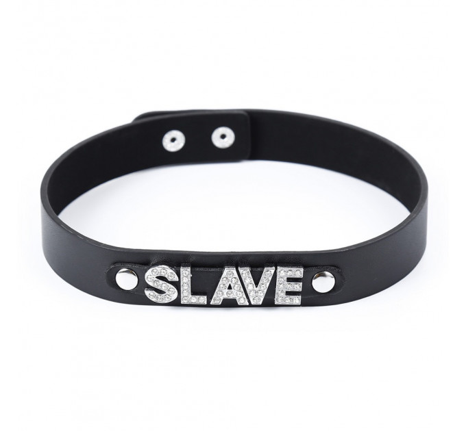 Ошейник с надписью SLAVE из страз DS Fetish, кожзам, черный