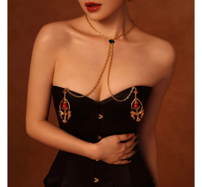 Затискачі для сосків UPKO Pulling Chain Nipple Clamps з ланцюжком-намиста, золотисті