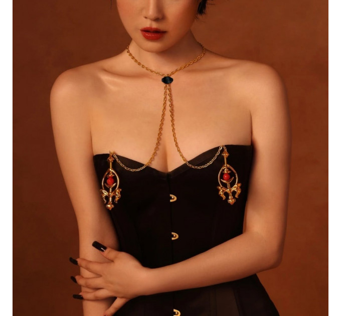 Затискачі для сосків UPKO Pulling Chain Nipple Clamps з ланцюжком-намиста, золотисті