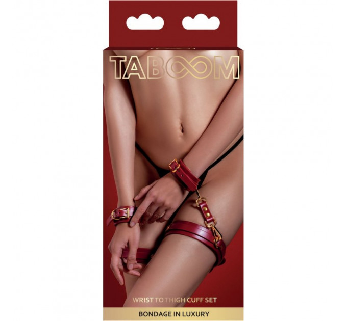 Фиксаторы на бедра с наручниками и карабинами Taboom, красные, с золотистой фурнитурой