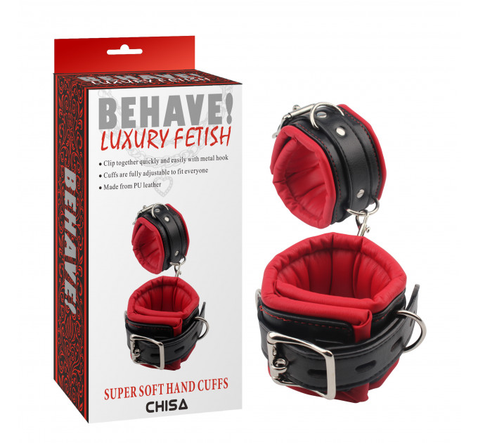 Наручники черные Chisa Behave! Luxury Fetish с мягкой красной подкладкой