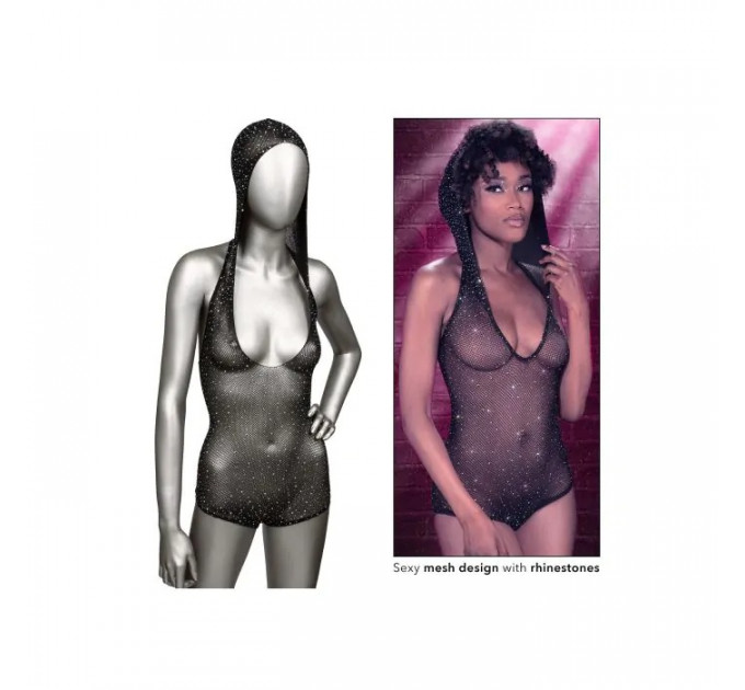 Боди-сетка в стразах с капюшоном CalExotic Hooded Deep V Bodysuit, черный