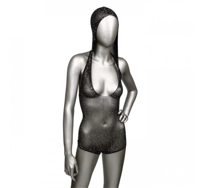 Боди-сетка в стразах с капюшоном CalExotic Hooded Deep V Bodysuit, черный