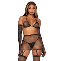 Комплект білизни із сітки зі стразами Leg Avenue Rhinestone, чорний, One Size