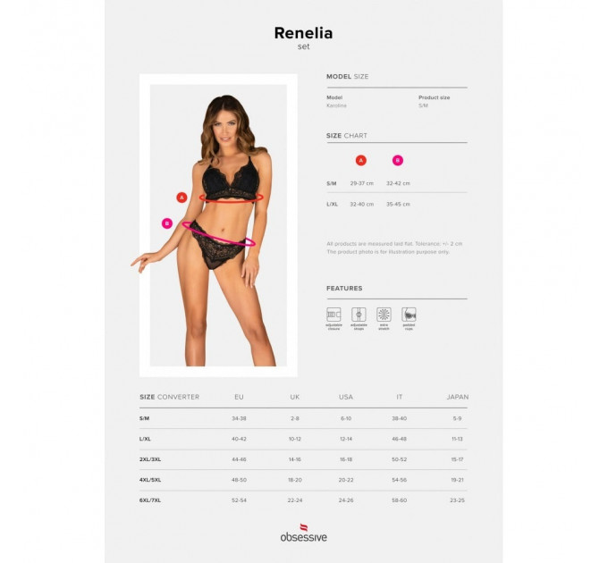 Комплект кружевного белья Obsessive Renelia, чорний L/XL