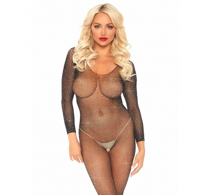 Боди с рукавами в сеточку со стразами Leg Avenue Fishnet sleeved bodystocking O/S
