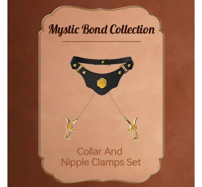 Ошейник черный из кожи UPKO Mystic Bond Collection с зажимами для сосков