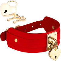 Нашийник широкий червоний Kinky Diva Collar Me із золотистим замочком у вигляді серця та ключиком
