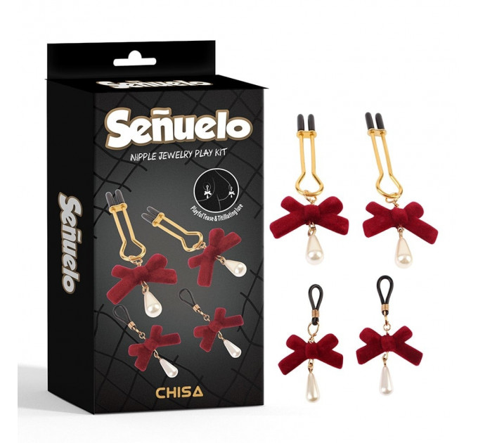 Зажимы на соски CHISA Senuelo Nipple Jewelry Play Kit с красными бантиками и жемчужинами