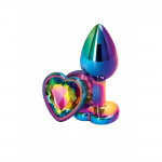 Радужная анальная пробка с камнем Metal Colorful Heart L