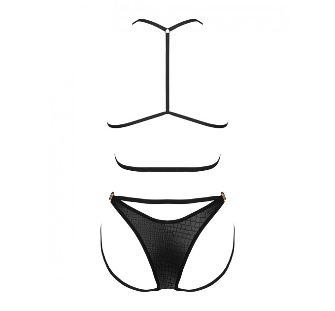 Комплект Obsessive Cobra Nive с имитацией змеиной кожи, черный, S/M