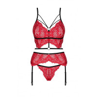 Мереживний комплект білизни 3 предмети Obsessive Mettia L/XL червоний