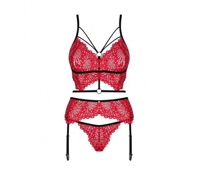 Кружевной комплект белья 3 предмета Obsessive Mettia L/XL красный