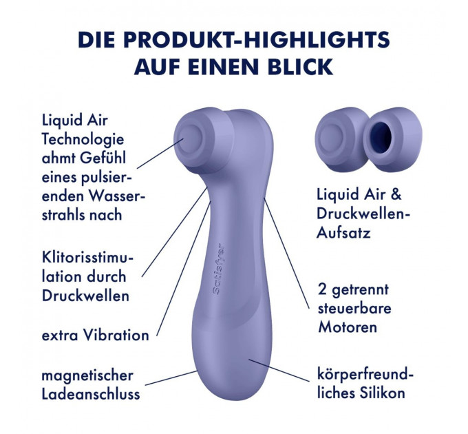 Вакуумный стимулятор клитора Satisfyer Pro 2 Generation 3 (в наборе две силикон. насадки), лиловый