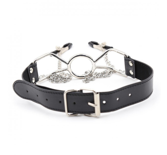 Кляп-кольцо с зажимами для сосков DS Fetish Ring gag with nipple clamps S metal
