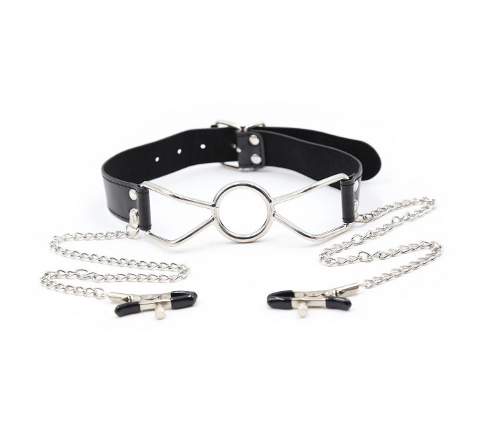 Кляп-кольцо с зажимами для сосков DS Fetish Ring gag with nipple clamps S metal