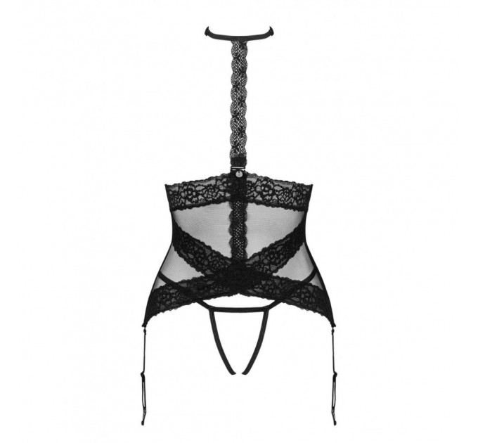 Корсет с кружевом Obsessive Lacrisia с пажами для чулок, черный, M/L