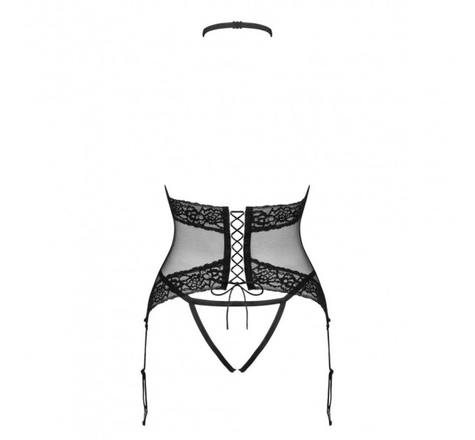 Корсет с кружевом Obsessive Lacrisia с пажами для чулок, черный, M/L