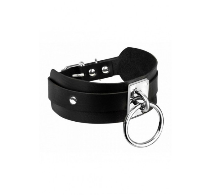 Ошейник широкий черный Kinky Diva Collar Me с серебристым кольцом