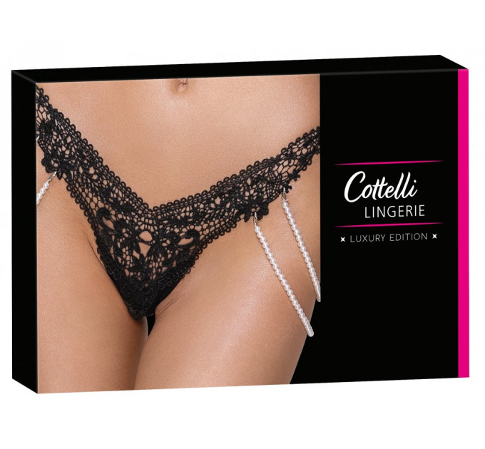 Стринги Cottelli Collection с жемчужными цепочками по бокам, черные, S/M