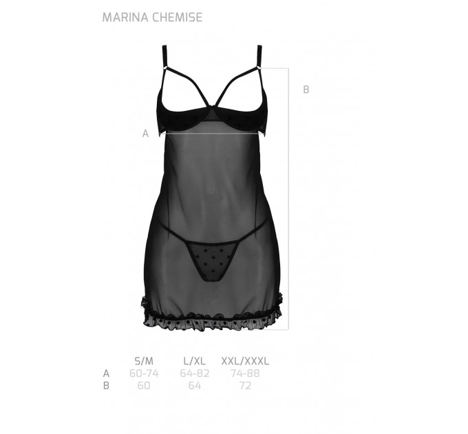 Пеньюар и тусики стринги MARINA CHEMISE black S/M - Passion