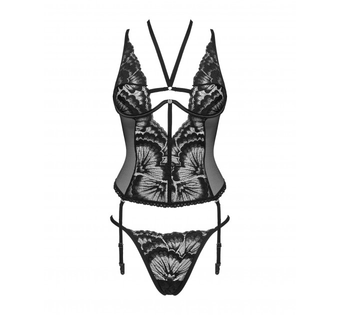 Корсет с цветочными узорами Obsessive Alessya, стринги в комплекте, черный, XS/S