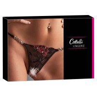 Стринги сексуальные Cottelli Collection String Rose с вышивкой и имитацией шнуровки, черные, M/L