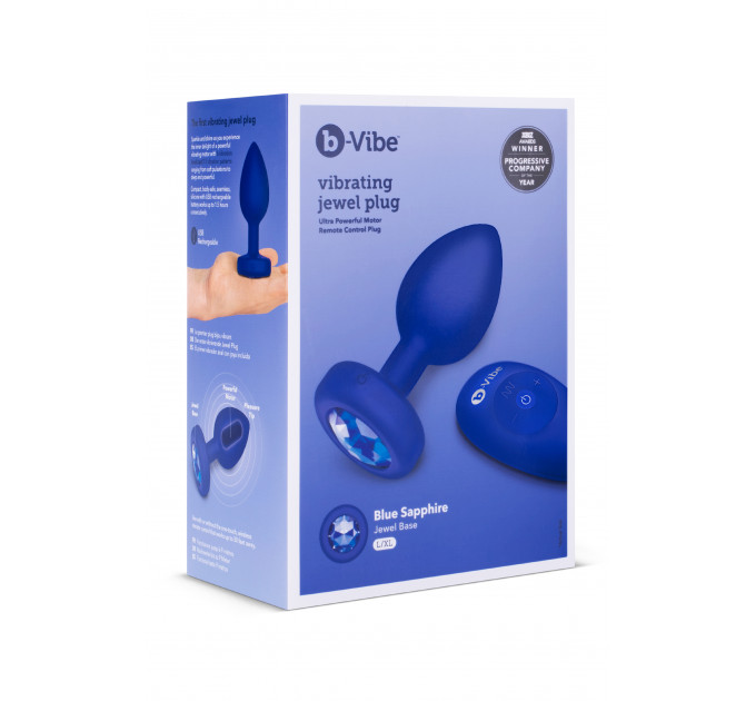 Анальная пробка с камнем и с вибрацией L/XL B-Vibe с дистанционным пультом управления, синяя