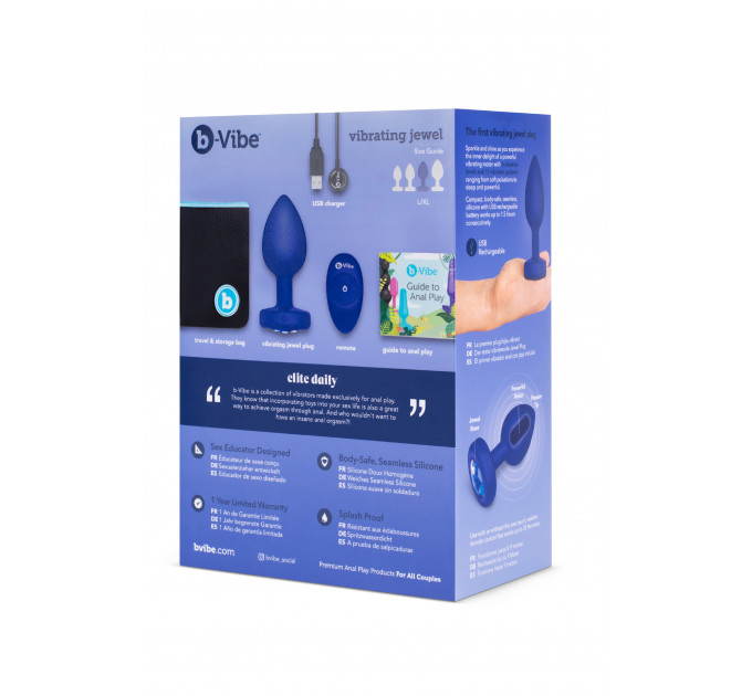 Анальная пробка с камнем и с вибрацией L/XL B-Vibe с дистанционным пультом управления, синяя