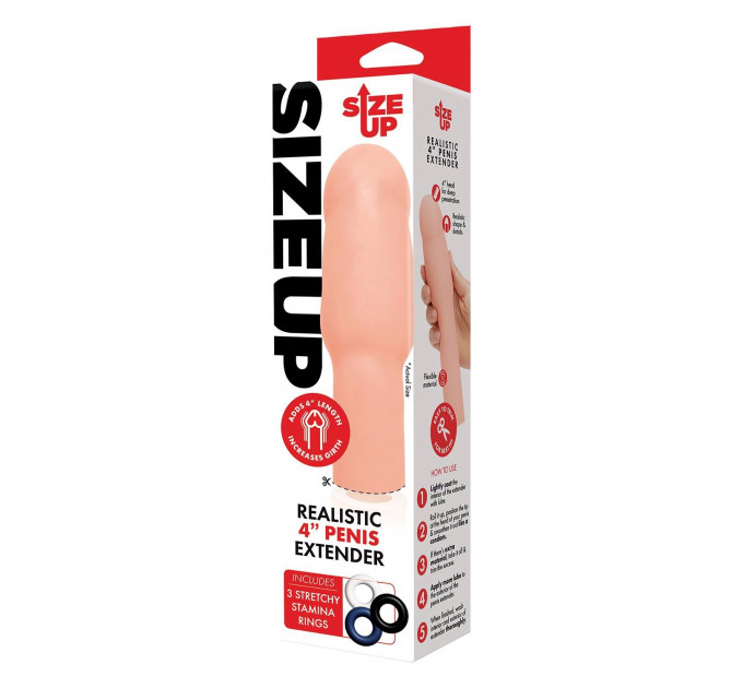 Насадка на пенис Size-Up Penis Extender с 3 эрекционными кольцами в наборе, бежевая