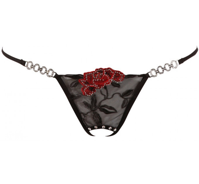 Стринги сексуальные Cottelli Collection String Rose с вышивкой и имитацией шнуровки, черные, M/L