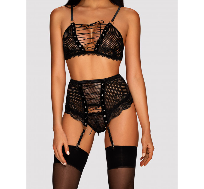 Комплект со шнуровкой и поясом для чулок Obsessive Basitta, черный, L/XL