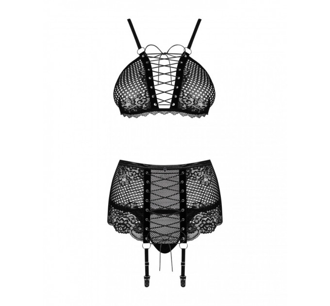 Комплект со шнуровкой и поясом для чулок Obsessive Basitta, черный, L/XL