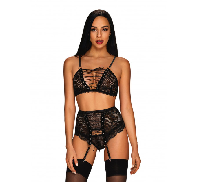 Комплект со шнуровкой и поясом для чулок Obsessive Basitta, черный, L/XL