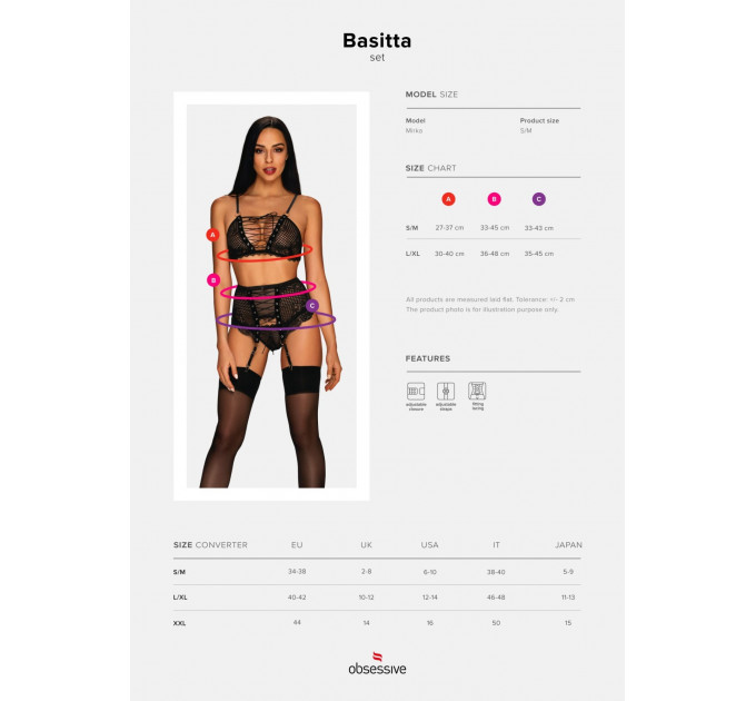 Комплект со шнуровкой и поясом для чулок Obsessive Basitta, черный, L/XL