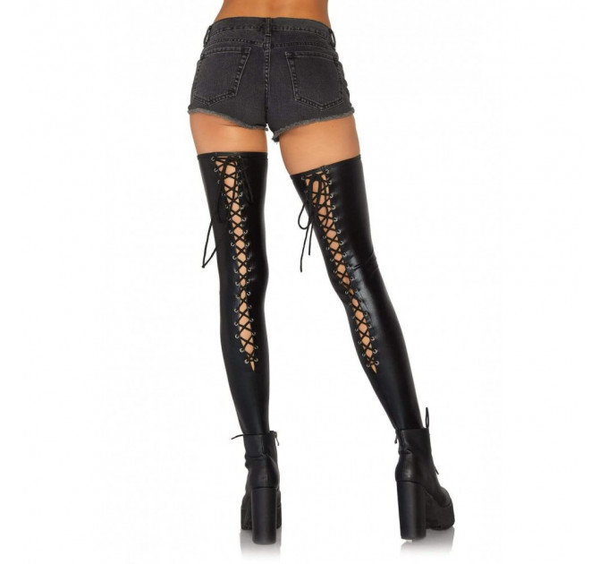 Чулки со шнуровкой Leg Avenue Wetlook, черные, S/M